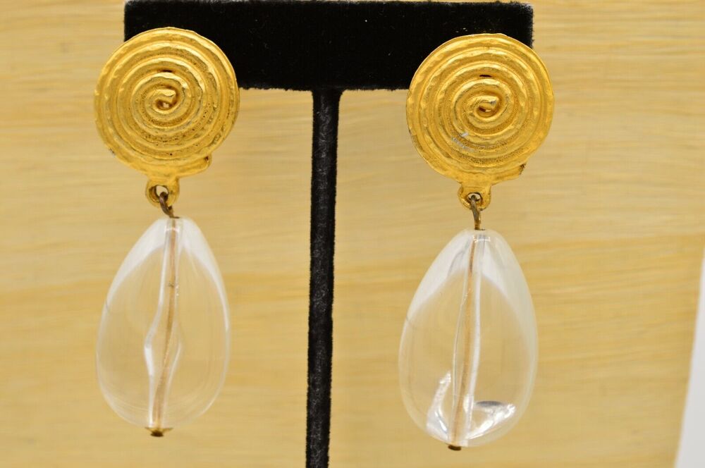 Graziano Vintage Clip On Earrings Brushed Gold Dangle Clear Lucite Signed BinX